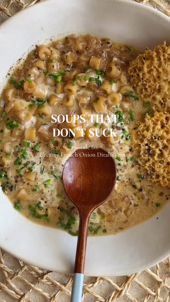 Creamy French Onion Ditalini Soup with Gruyere Crisps